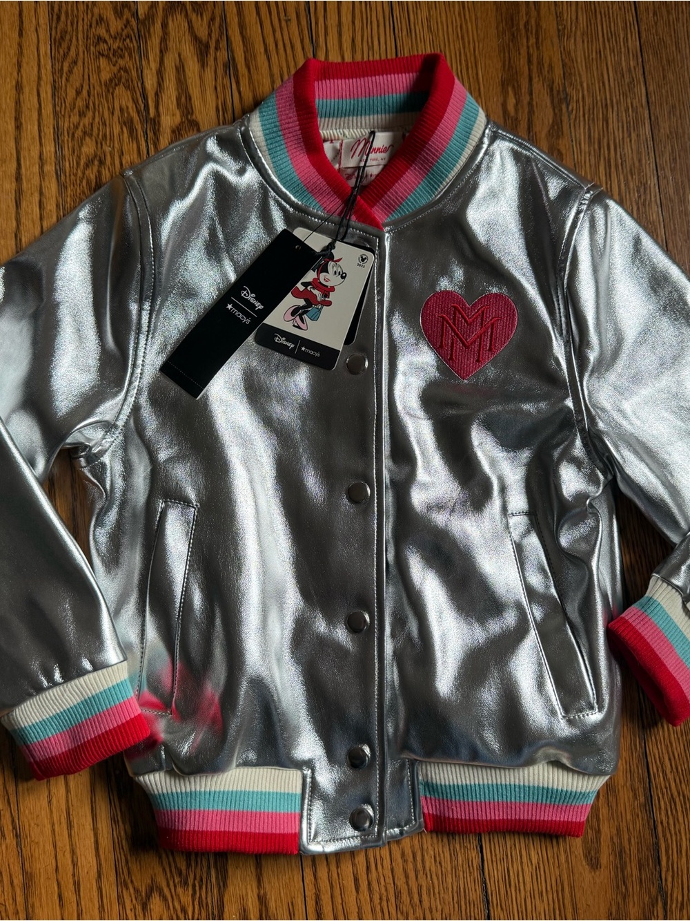 Disney Minnie Mouse Macy’s Kids Silver Metallic Bomber Jacket with Pink Heart